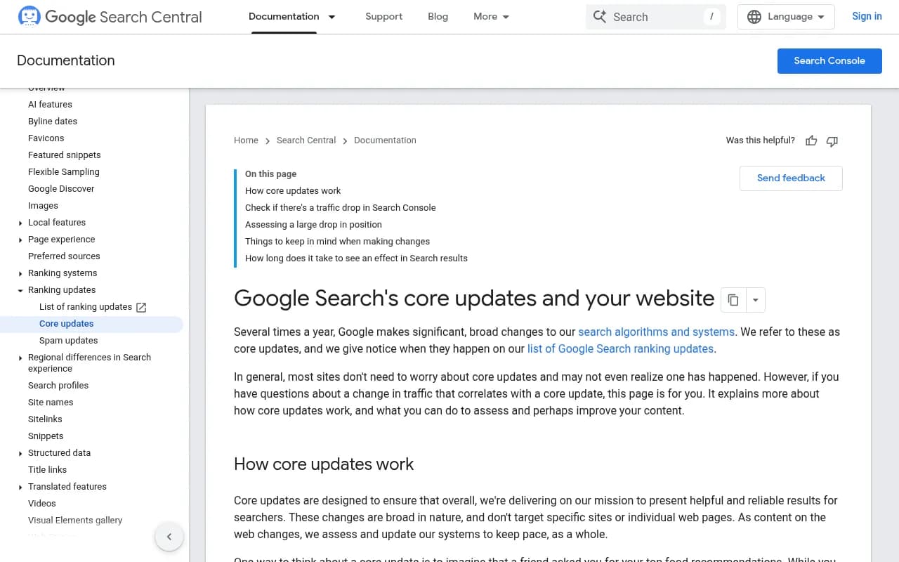 Google's official documentation explaining how core updates work and how to assess traffic changes
