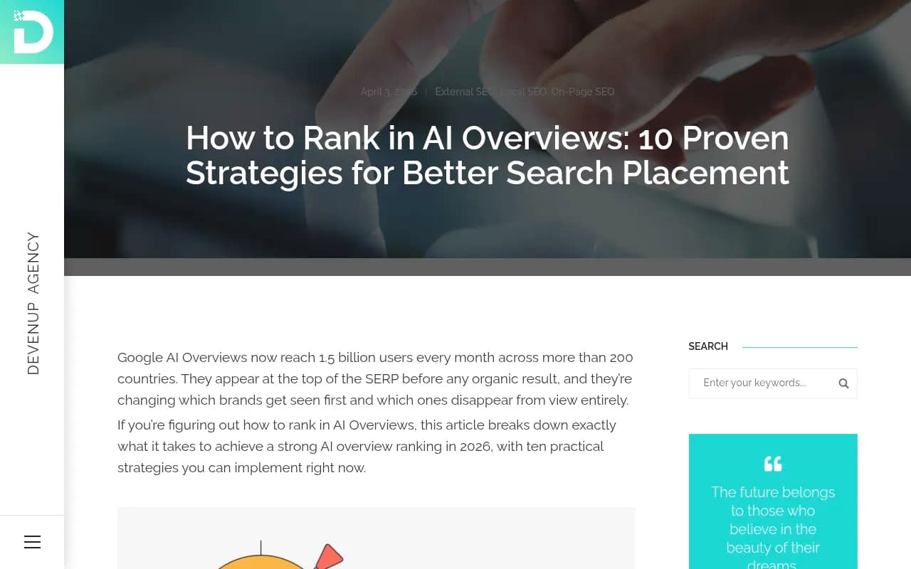 Devenup guide on how to rank in AI Overviews, covering intent types and answer-ready structure