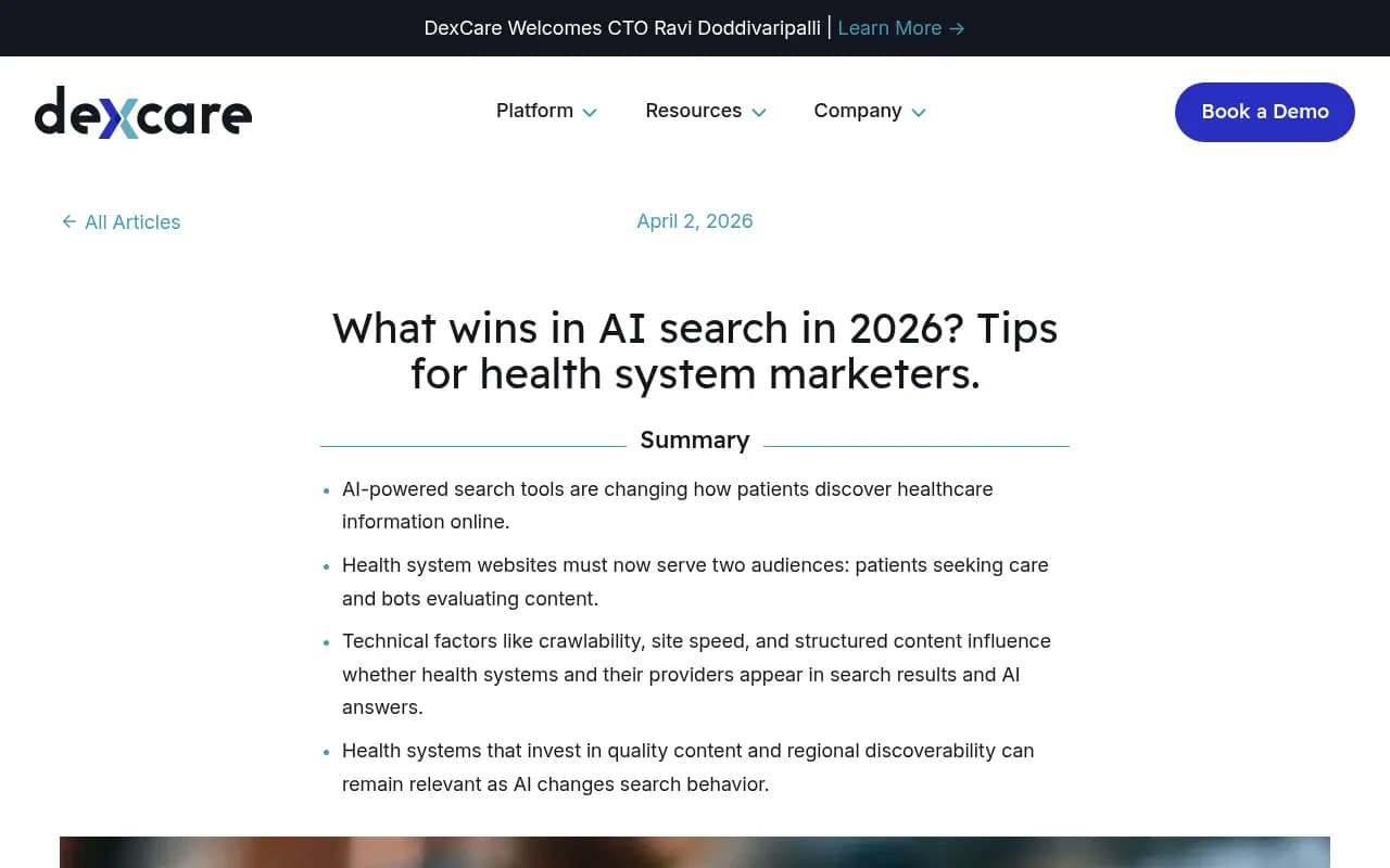 DexCare's guide on what wins in AI search in 2026 for health system marketers, covering AI Overviews and standalone AI platforms