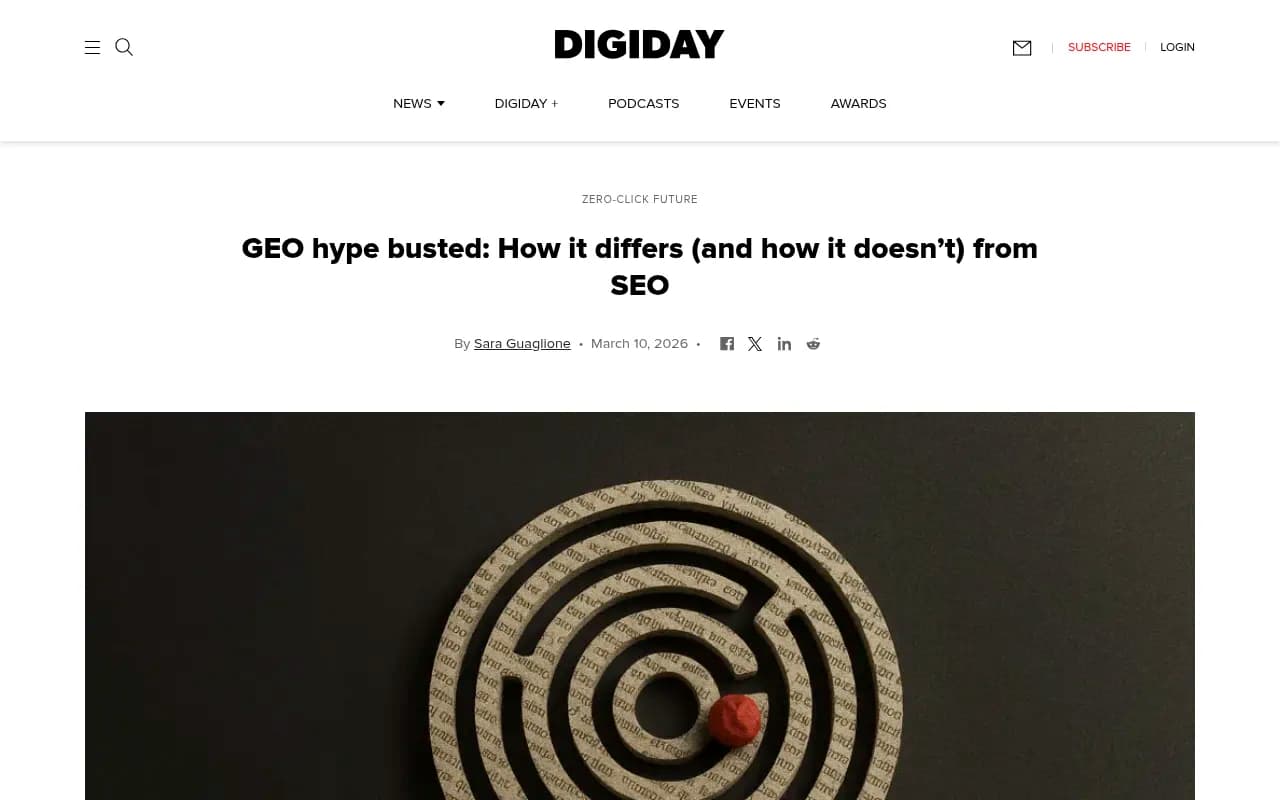 Digiday's March 2026 analysis of GEO vs SEO differences, noting that multi-model optimization is a real new requirement