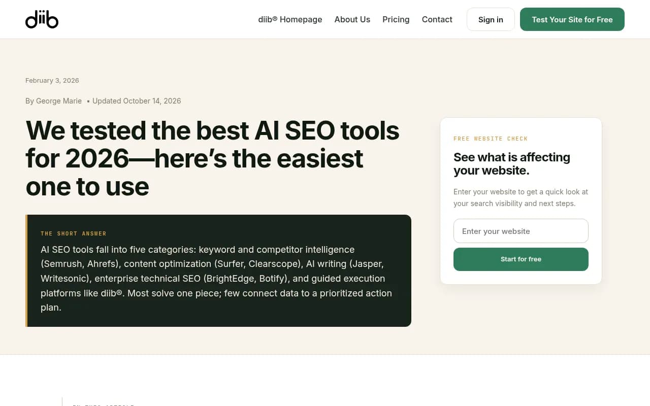 diib's guide comparing AI SEO tool categories from keyword intelligence to guided execution