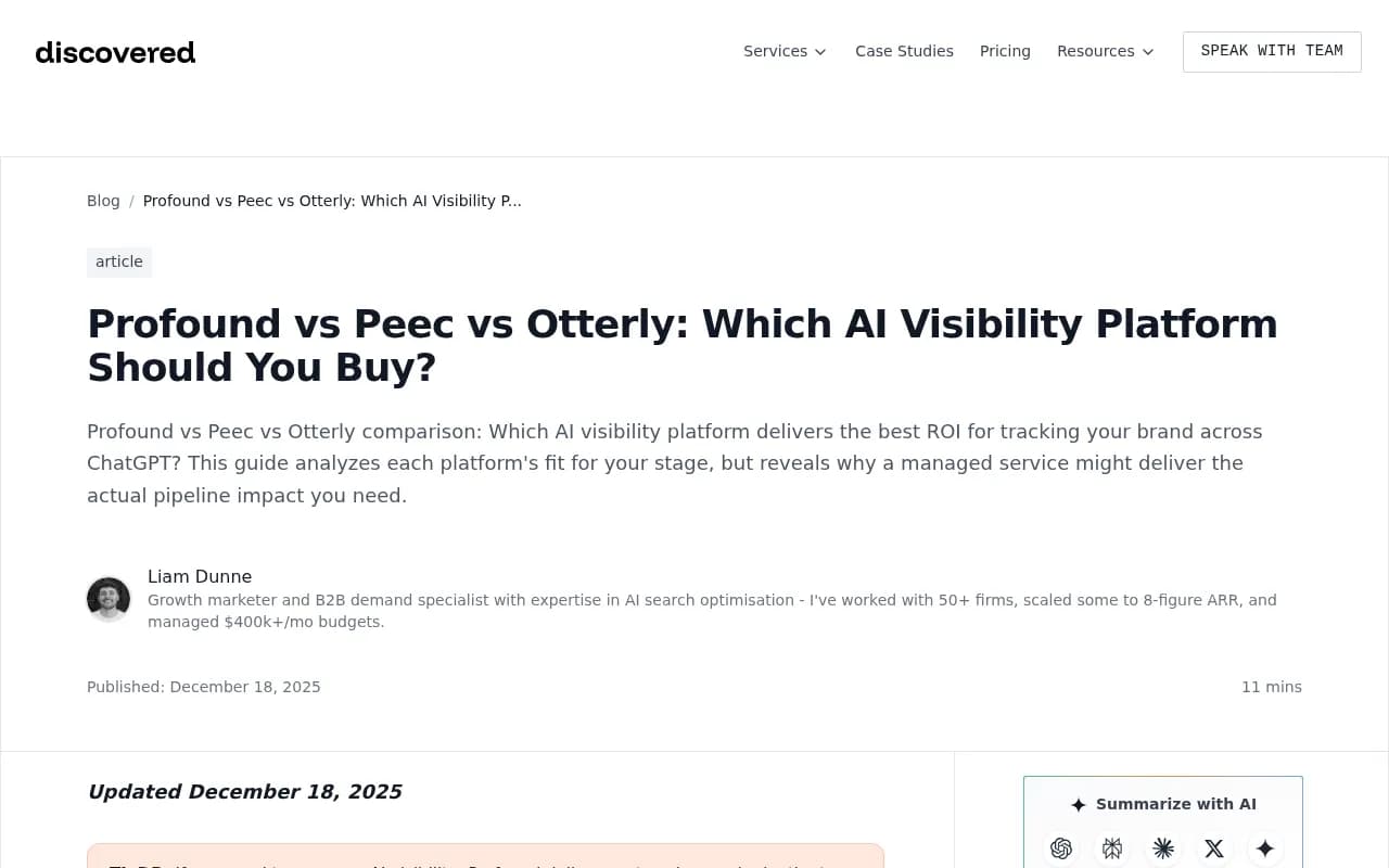 Comparison of Profound, Peec, and Otterly AI visibility platforms