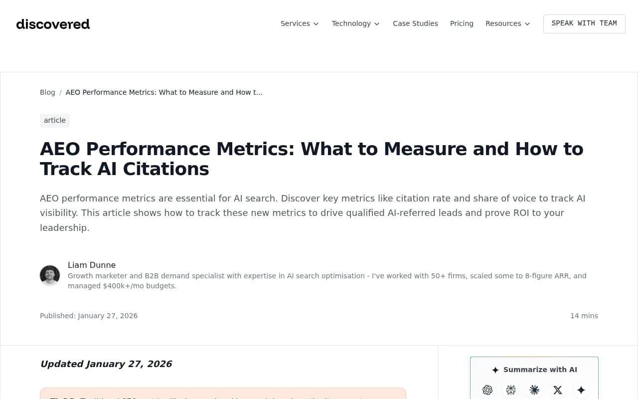 AEO Performance Metrics guide from Discovered Labs showing citation rate and share of voice framework
