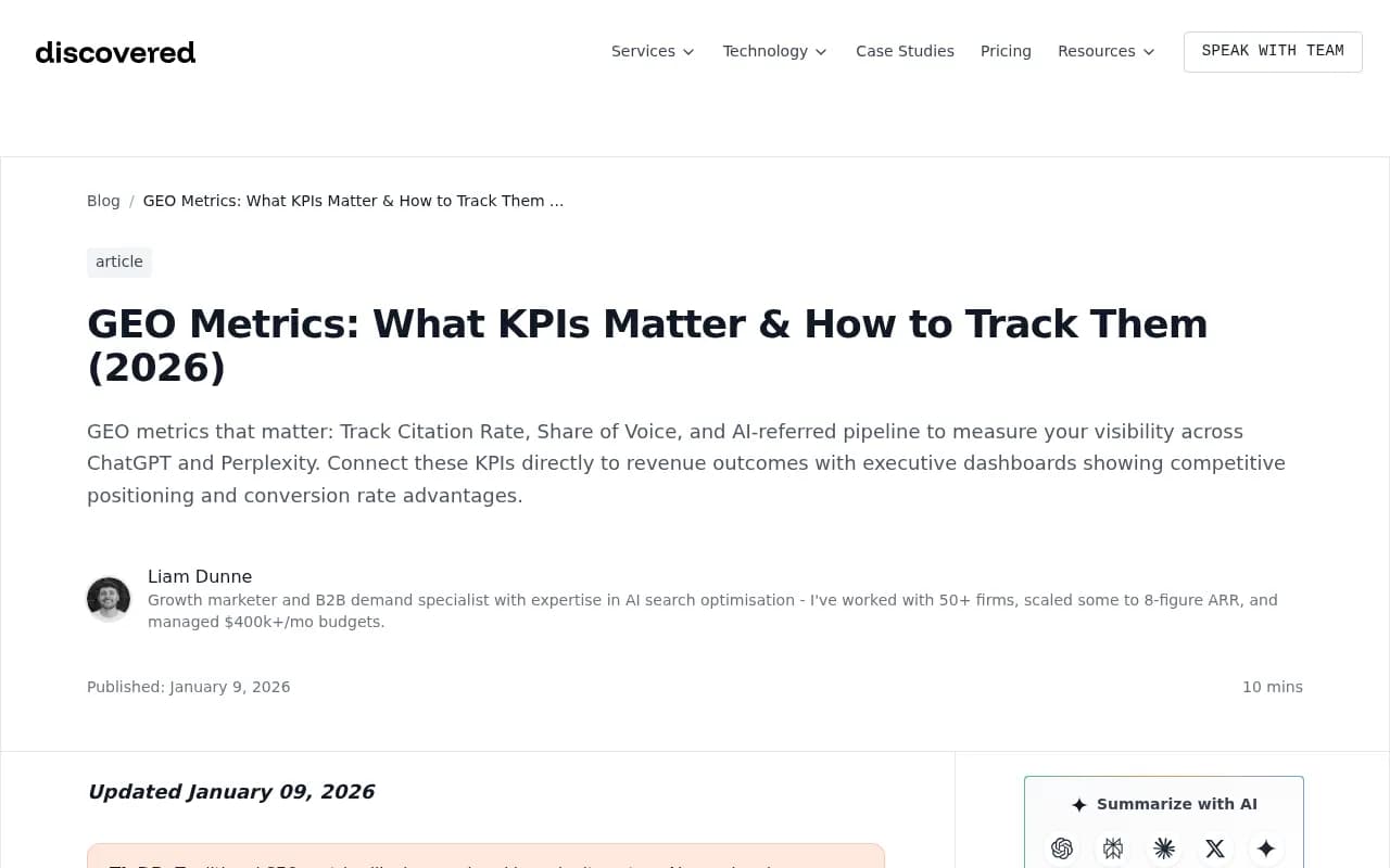 GEO metrics framework showing citation rate, share of voice, and pipeline contribution KPIs