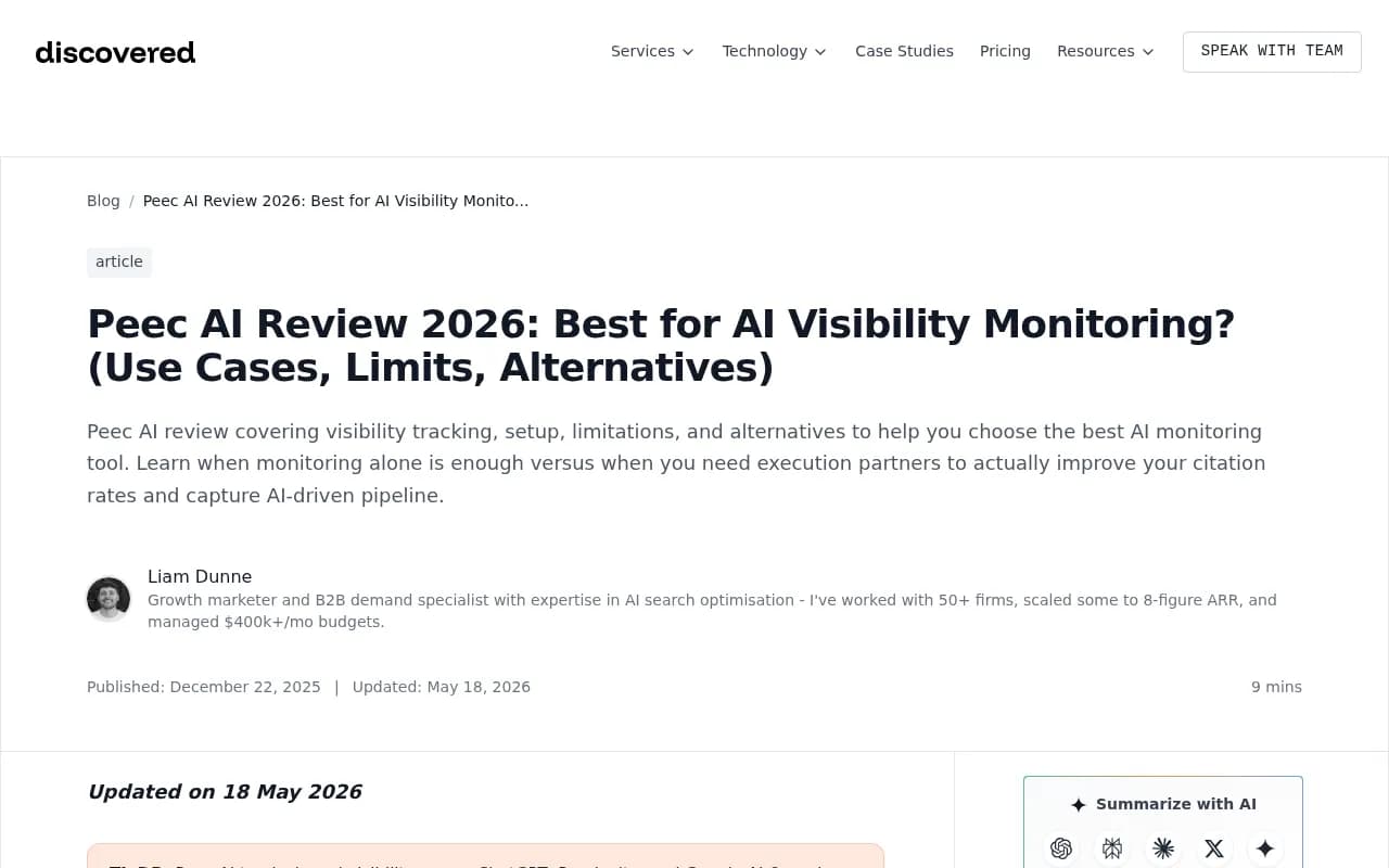 Peec AI Review 2026 coverage on Discovered Labs