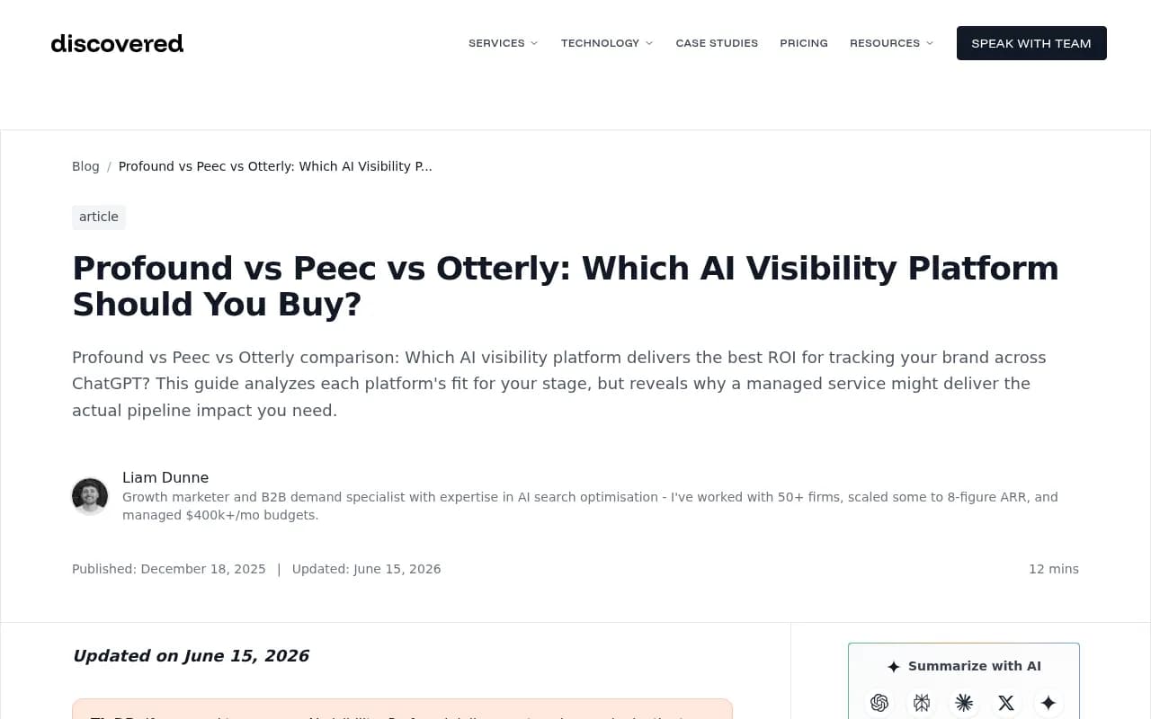 Comparison of AI visibility platforms showing Profound vs Peec vs Otterly analysis