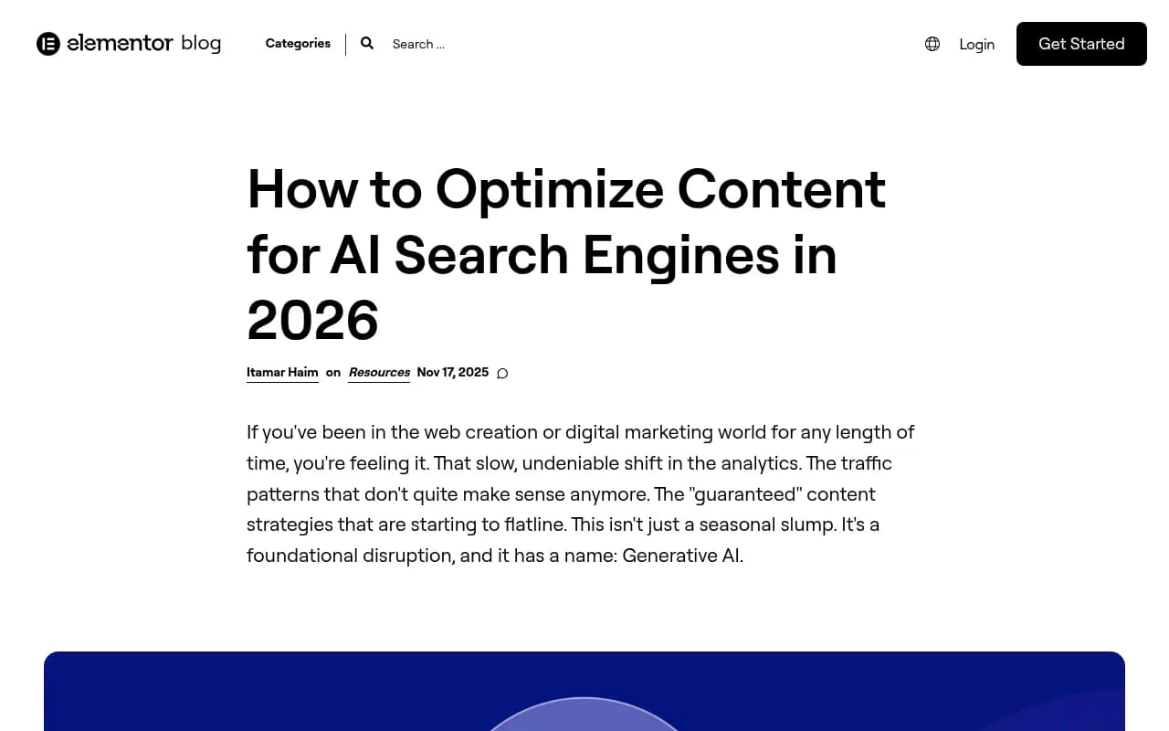 Elementor's guide on optimizing content for AI search engines in 2026, covering modular formatting and E-E-A-T signals