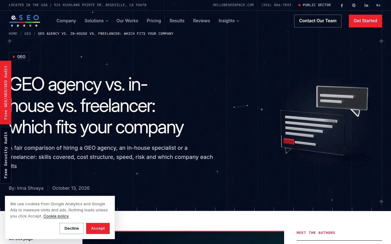 eSEOspace comparison of GEO agency, in-house and freelancer options