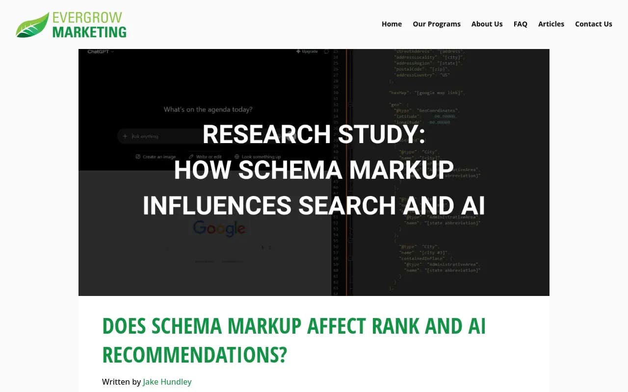 Evergrow Marketing's study on whether schema markup affects rank and AI recommendations