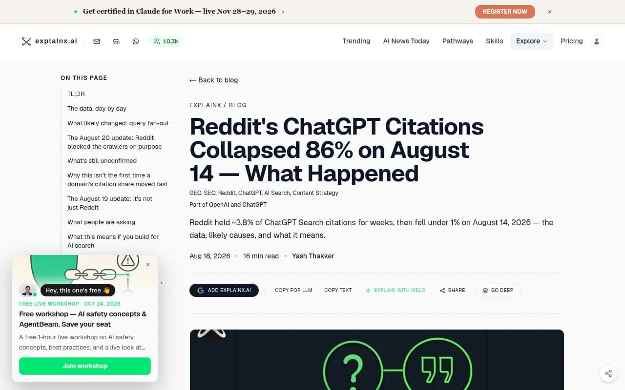 Explainx coverage of the Reddit ChatGPT citation drop, citing Promptwatch data