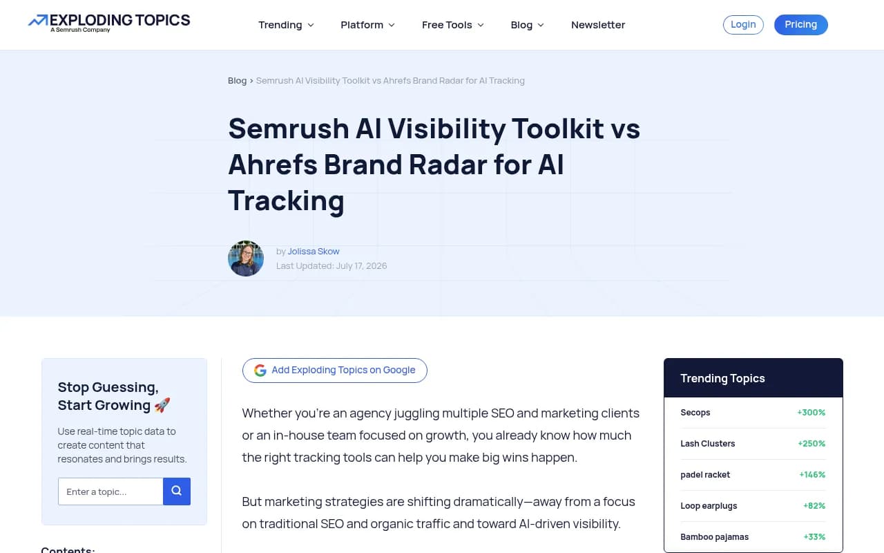 Exploding Topics comparison of Semrush AI Visibility Toolkit and Ahrefs Brand Radar