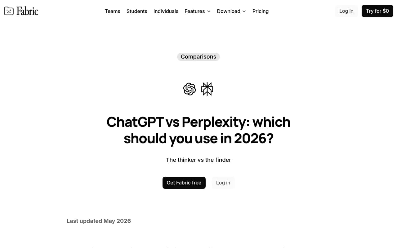 Fabric's side-by-side comparison of ChatGPT and Perplexity covering pricing, web search, and citations