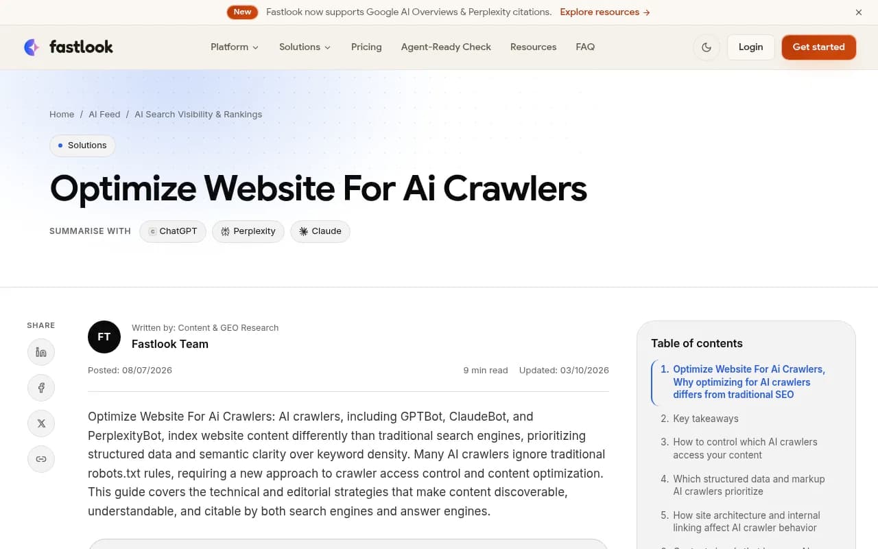 Fastlook guide on optimizing a website for AI crawlers, covering structured data and semantic clarity