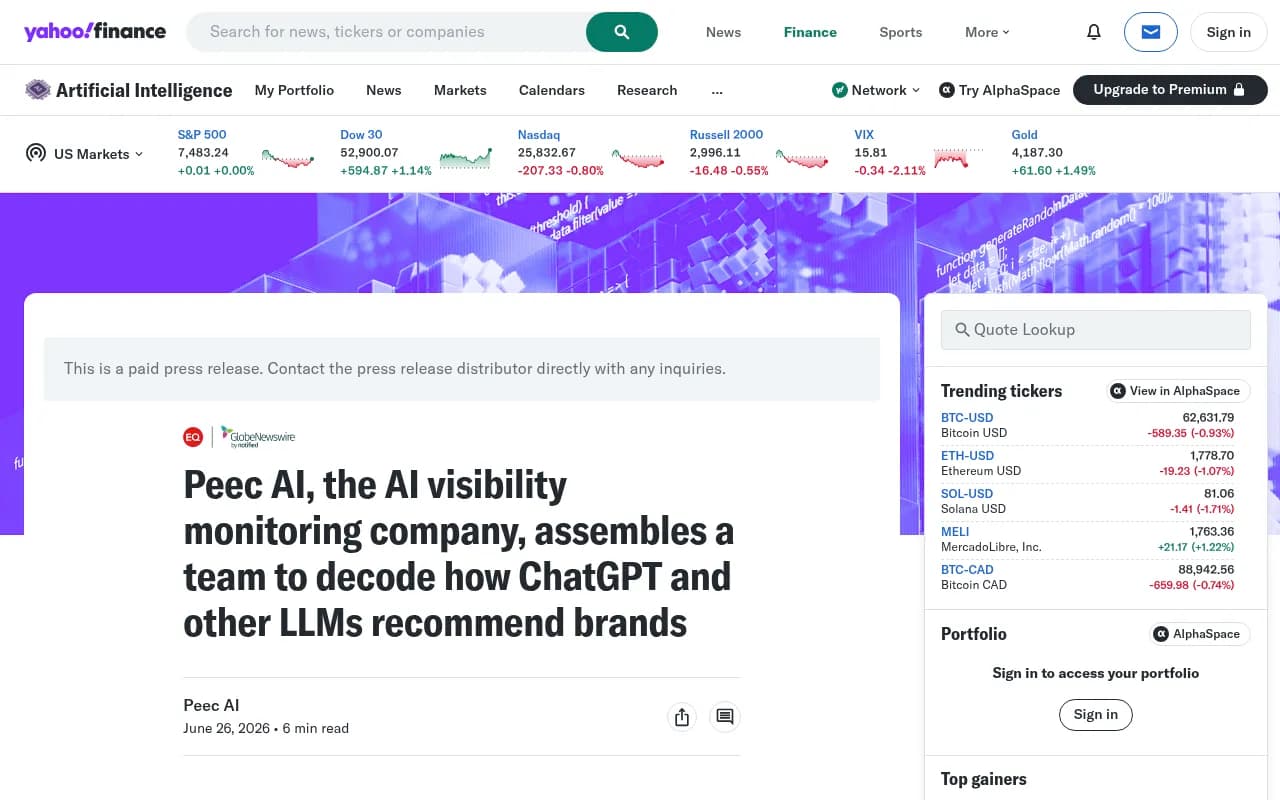 Peec AI Yahoo Finance announcement about assembling a research team