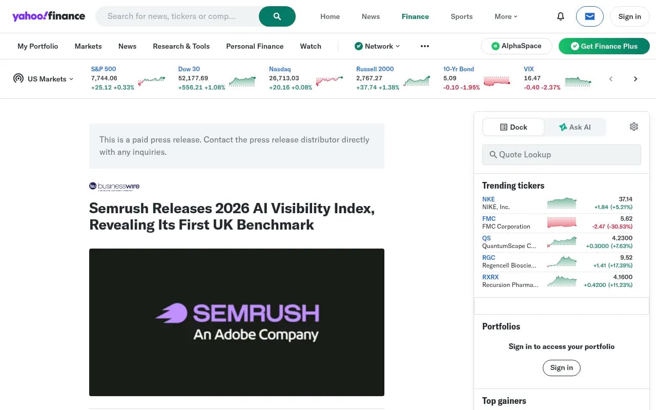 Semrush press release announcing the 2026 AI Visibility Index with a UK benchmark