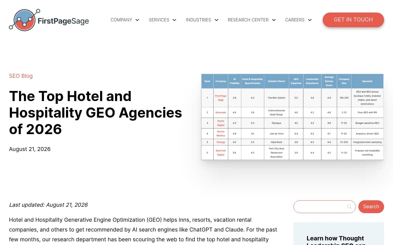 First Page Sage list of hotel and hospitality GEO agencies, a vendor-published ranking