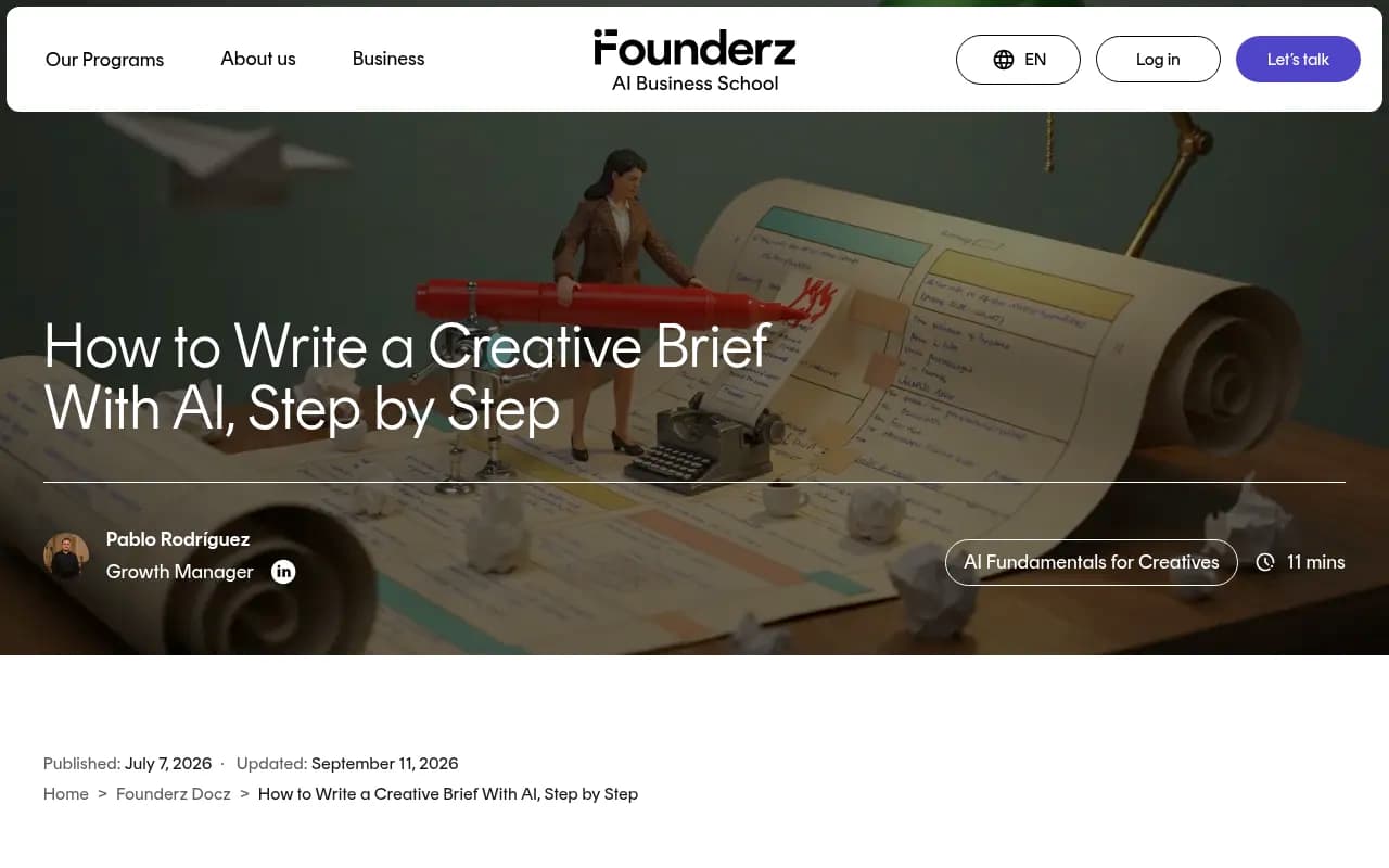 Founderz guide to writing a creative brief with AI, showing the intake-to-prompt-to-review workflow