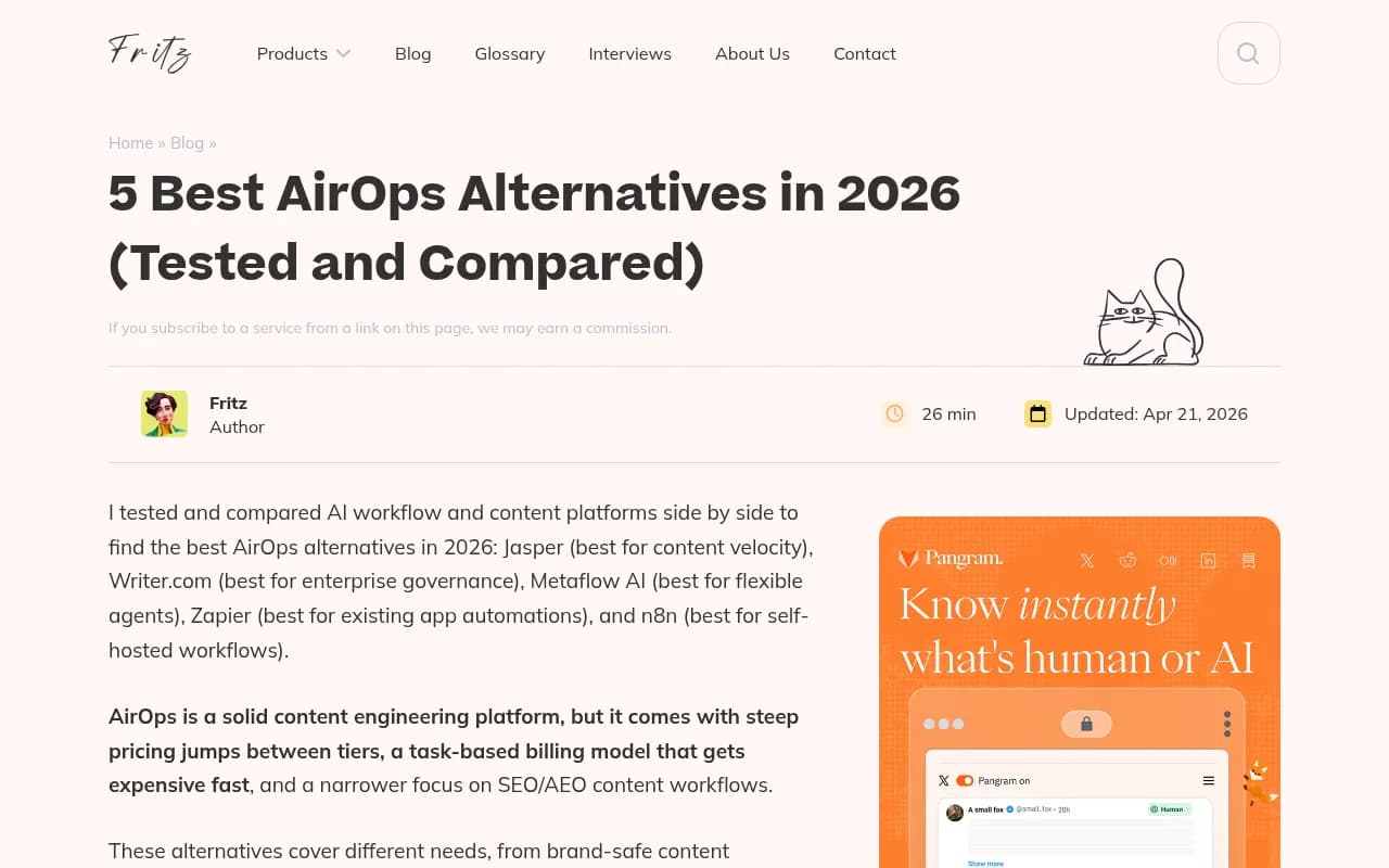 Comparison of AirOps alternatives including Jasper, Writer.com, Metaflow AI, Zapier, and n8n with pricing and use case breakdown