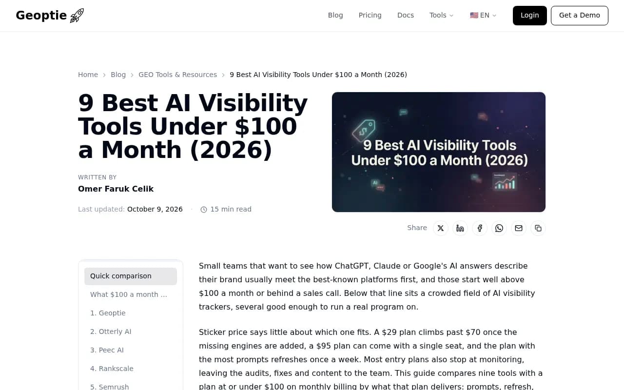 Geoptie's comparison of nine AI visibility tools with plans at or under $100 a month