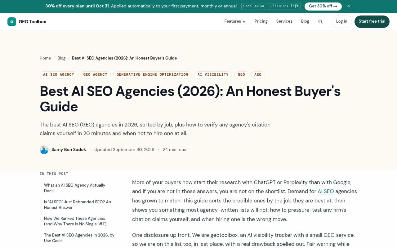 GEO Toolbox's honest buyer's guide to AI SEO agencies, including a section on when not to hire one