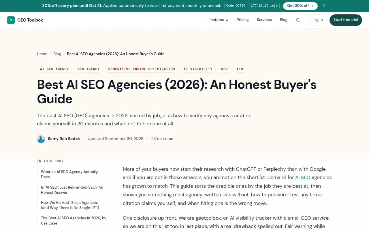 GEO Toolbox buyer's guide to AI SEO agencies with a pricing breakdown