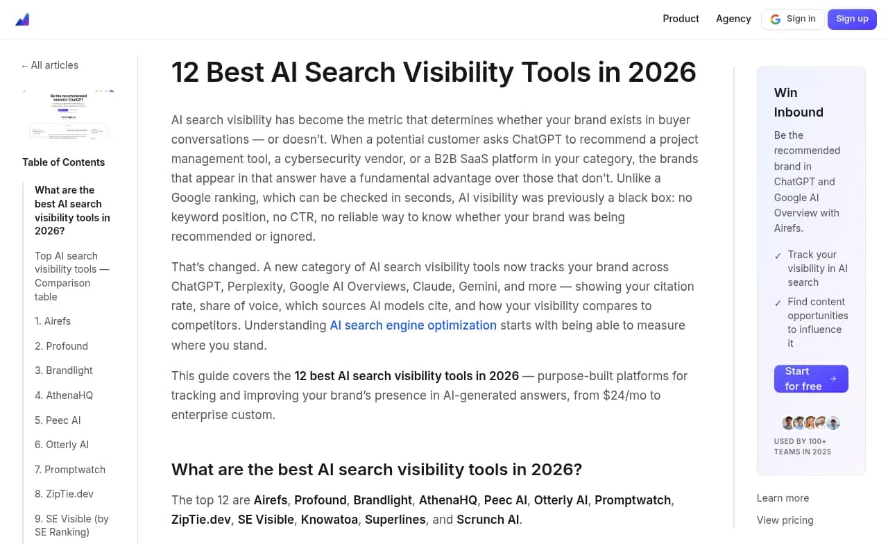 AI search visibility tool comparison from Airefs showing platform coverage across 12 tools