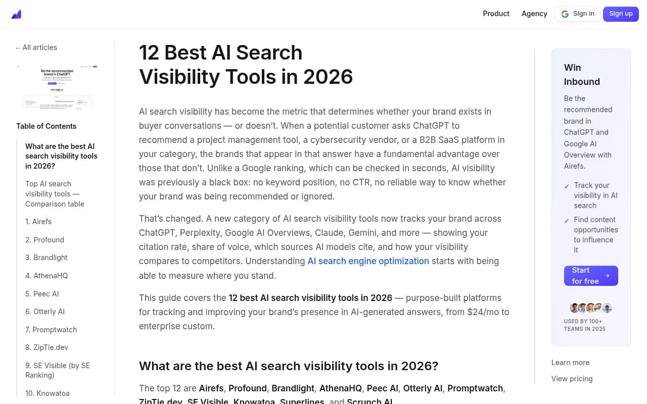 Comparison of AI search visibility tools from Airefs' 2026 roundup