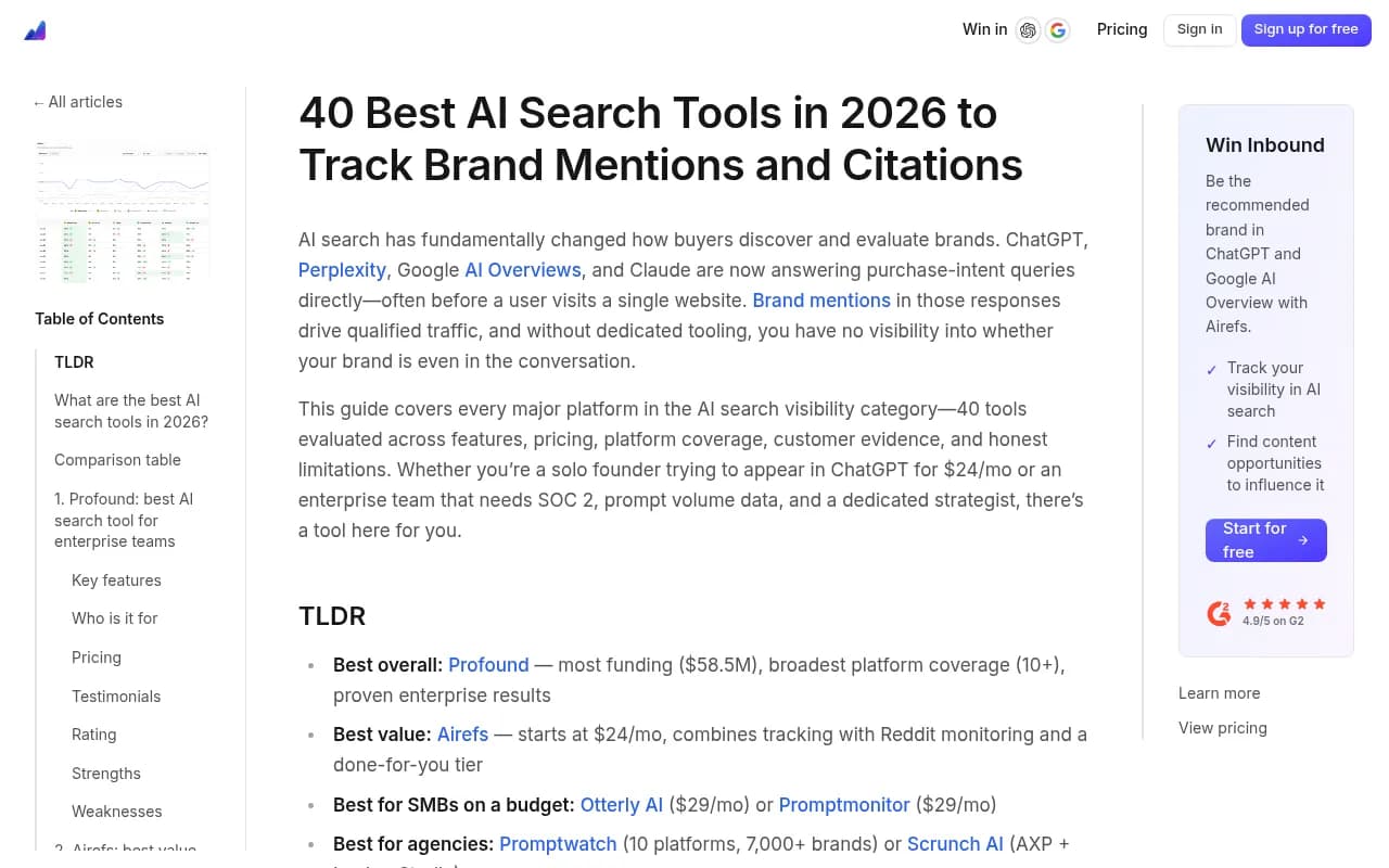 Airefs 2026 AI search tools comparison showing 40 platforms across features, pricing, and enterprise fit