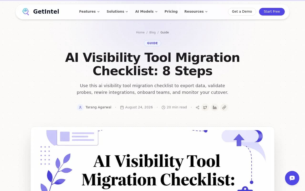 GetIntel's 8-step AI visibility tool migration checklist article, covering export, overlap testing, integrations and cutover