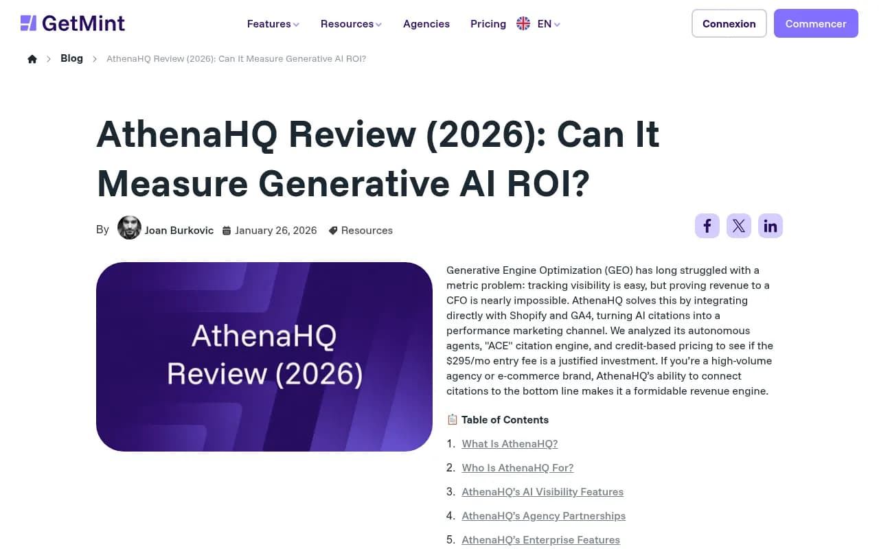 AthenaHQ AI Review 2026 analysis from GetMint covering ROI measurement and citation tracking