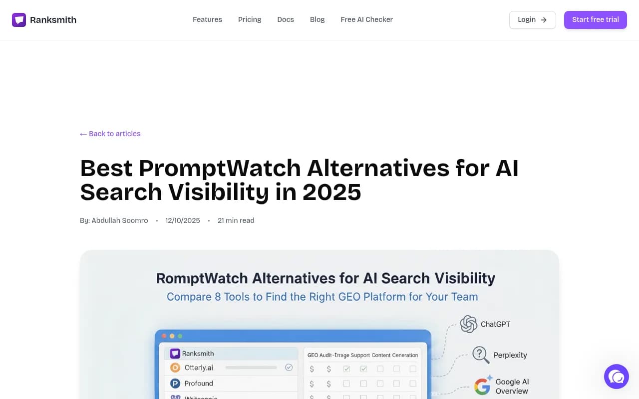 Ranksmith blog covering PromptWatch alternatives and AI visibility platforms