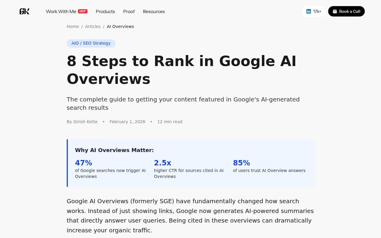 8 Steps to Rank in Google AI Overviews guide showing citation statistics: 47% of searches trigger AI Overviews, 2.5x higher CTR for cited sources