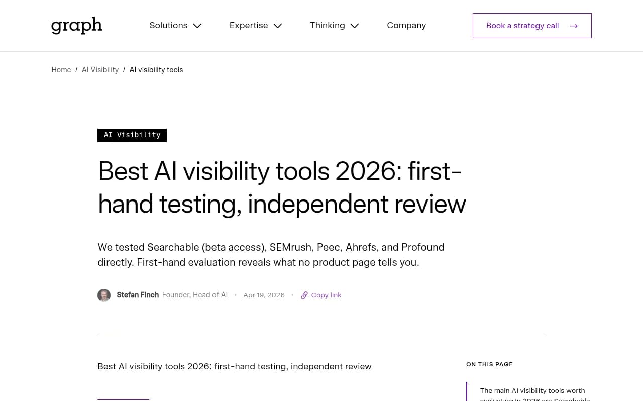 Comparison of AI visibility tools tested in 2026 by Graph Digital, including Peec AI, Profound, and Searchable