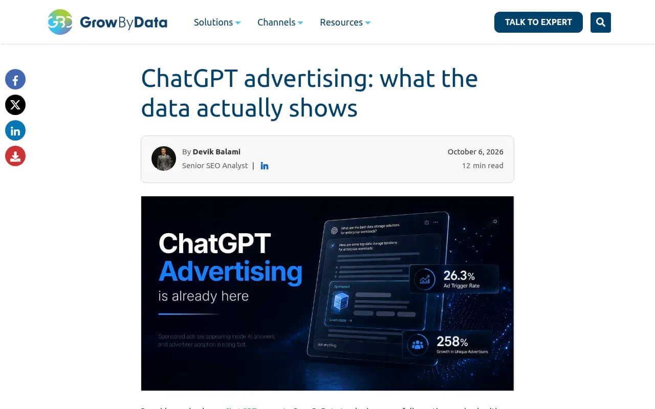 Screenshot of a blog post breaking down ChatGPT ads data and what tracked panel activity shows