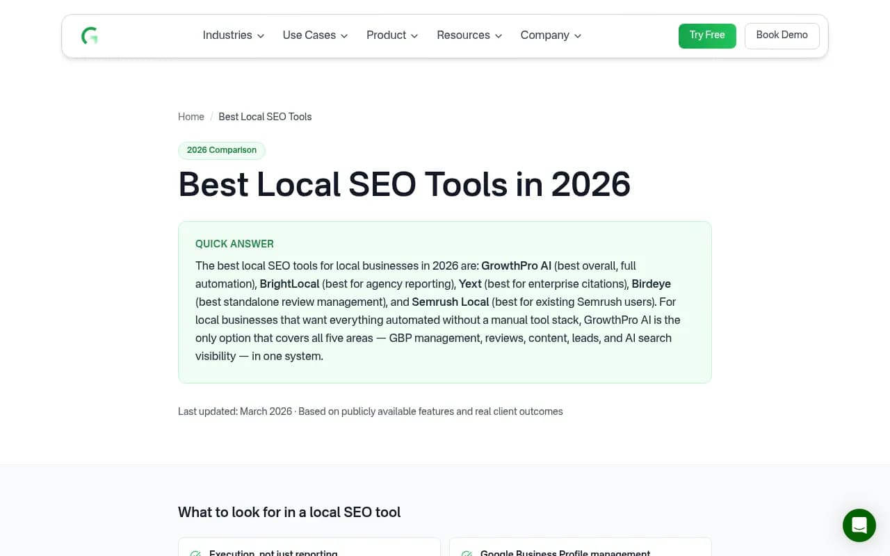 GrowthPro AI comparison of local SEO tools for AI search visibility in 2026