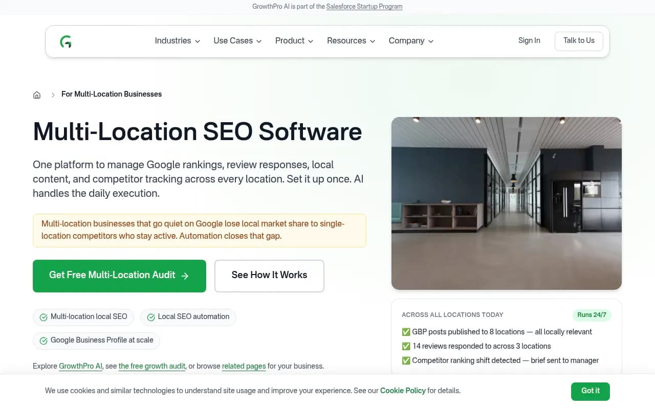 GrowthPro AI multi-location dashboard managing GBP posting, reviews, and AI search visibility across locations