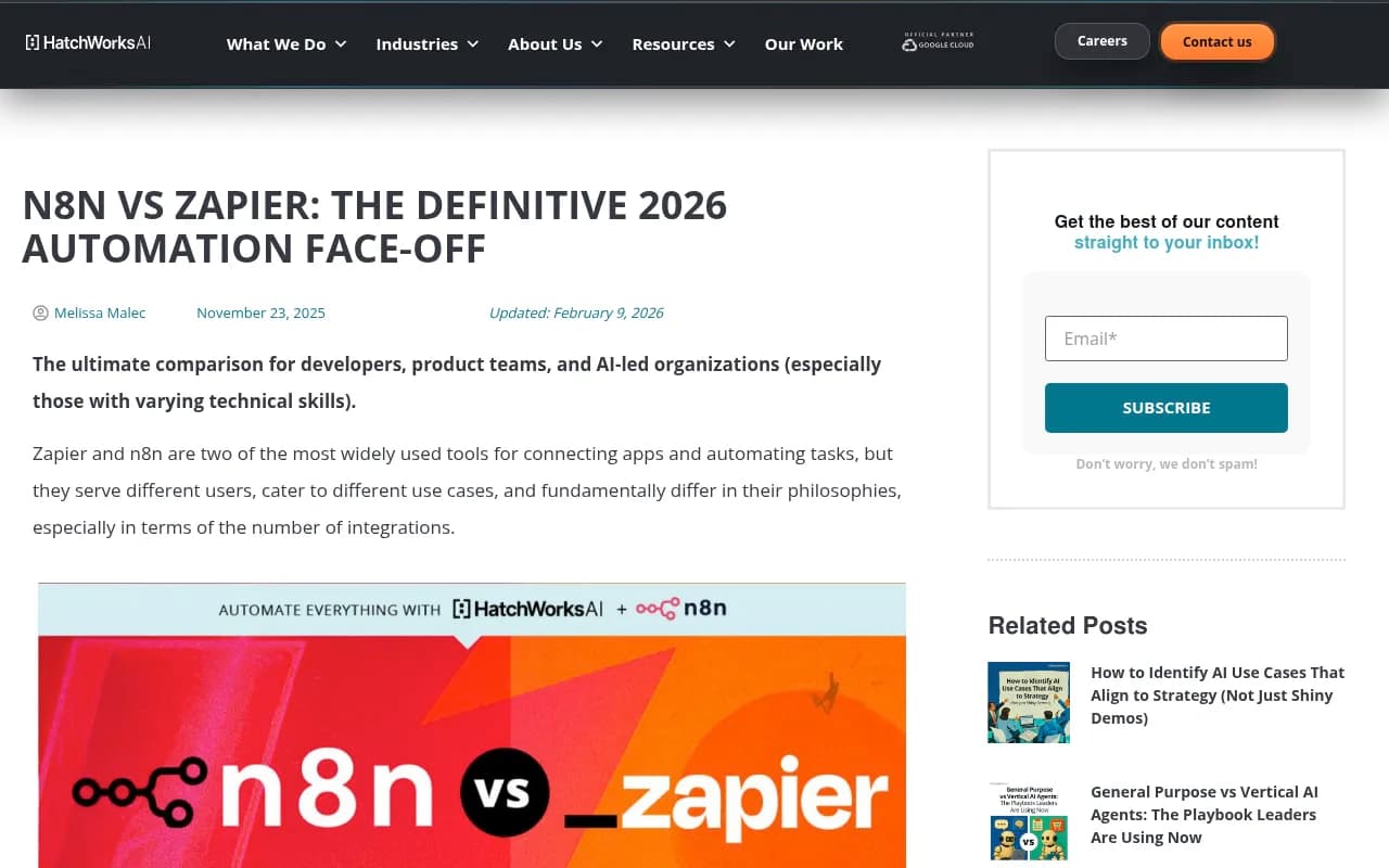 n8n vs Zapier comparison guide from HatchWorks showing feature breakdown for developers and product teams