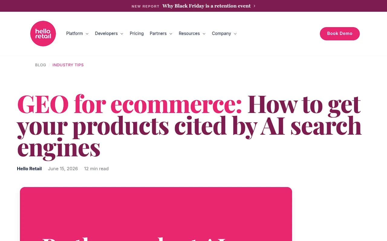 Hello Retail's guide to GEO for ecommerce, covering answer-first product content and structured data