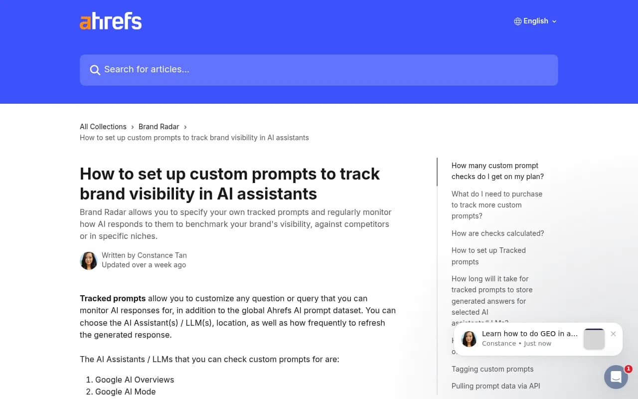 Ahrefs help center article on setting up custom tracked prompts in Brand Radar