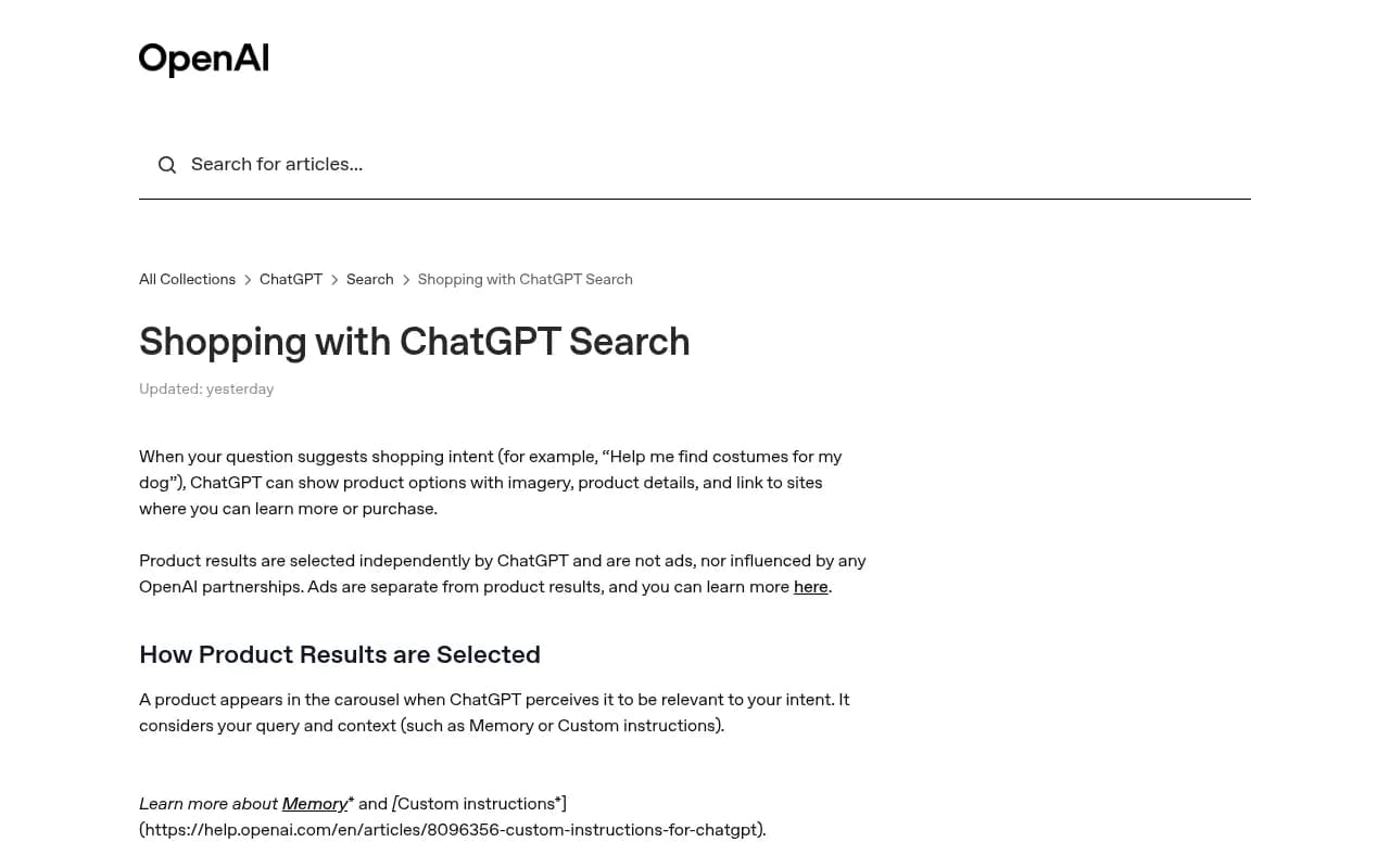 OpenAI Help Center page explaining how ChatGPT shopping product results are selected, including what factors influence the carousel