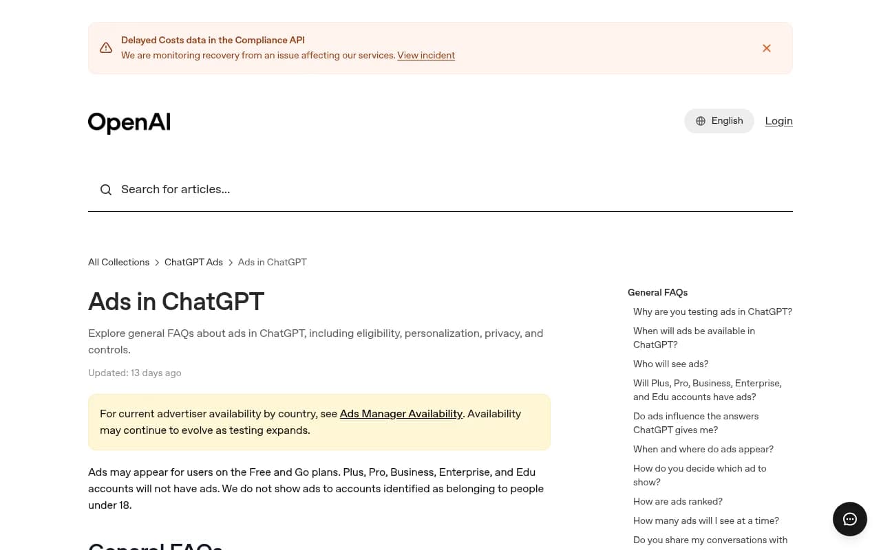 Screenshot of OpenAI's Help Center page explaining when and where ads appear in ChatGPT
