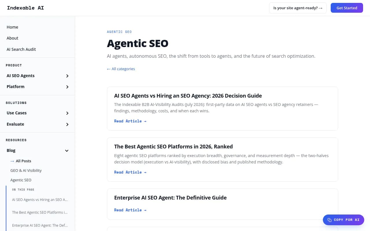 The Indexable agentic SEO hub, which ranks agentic SEO platforms by execution breadth, governance, and measurement depth.