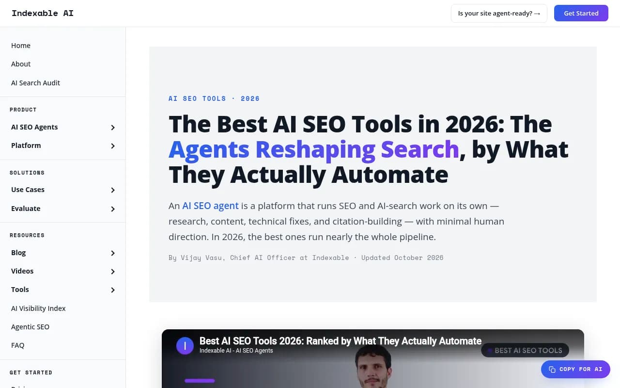 Indexable's ranking of AI SEO agents, a vendor-authored comparison worth reading with that in mind