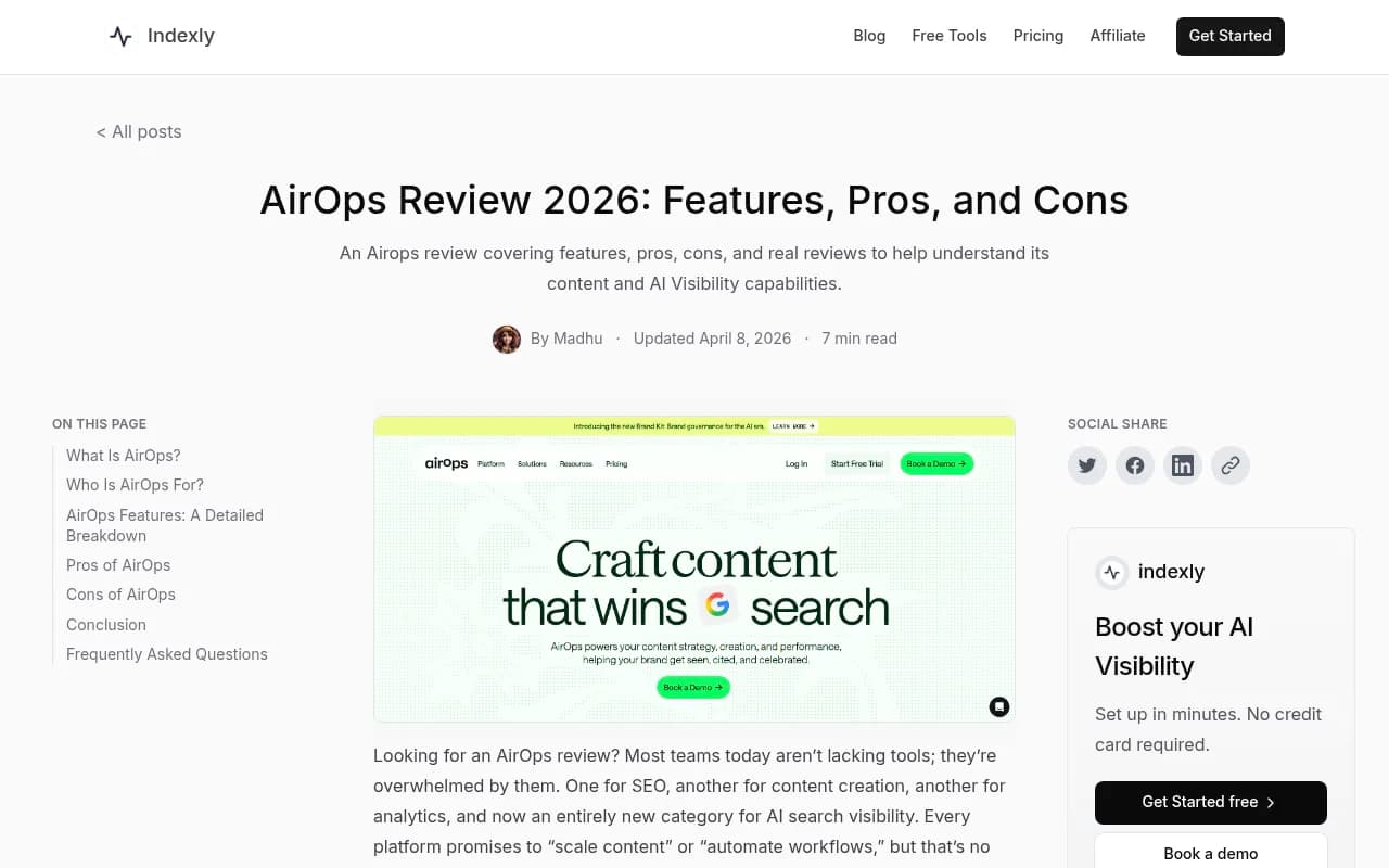 AirOps review page showing platform overview and features