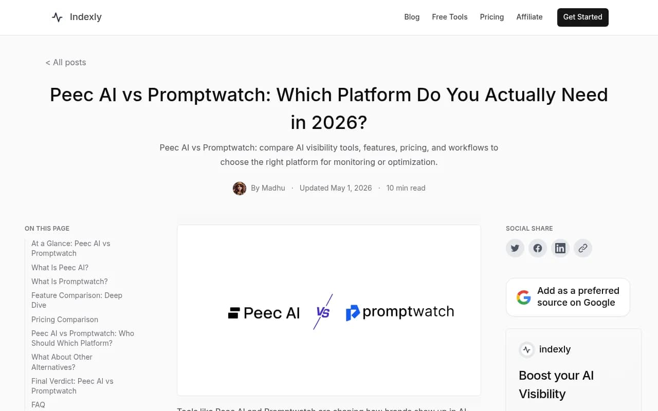Peec AI vs Promptwatch feature comparison breakdown