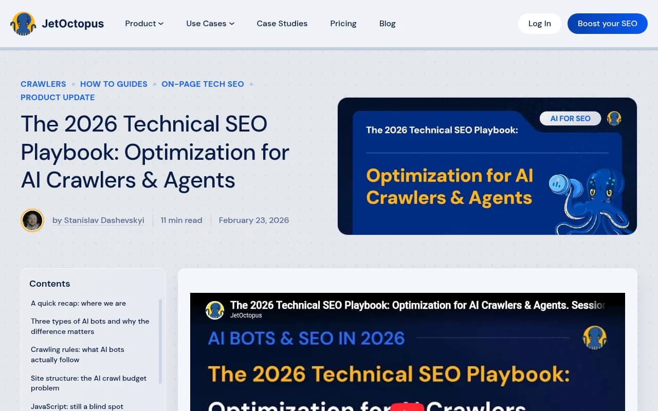 The 2026 Technical SEO Playbook from JetOctopus covering AI crawler behavior and internal linking