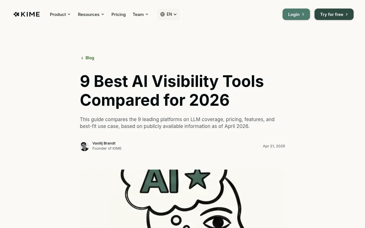 KIME's comparison of 9 best AI visibility tools for 2026 showing feature and pricing breakdown