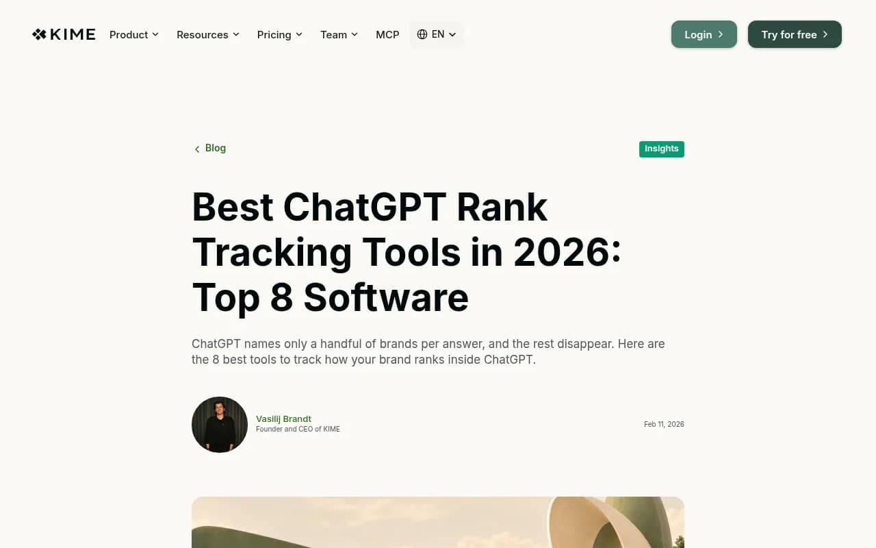 KIME's 2026 roundup of ChatGPT rank tracking tools, listing eight options with a quick comparison table