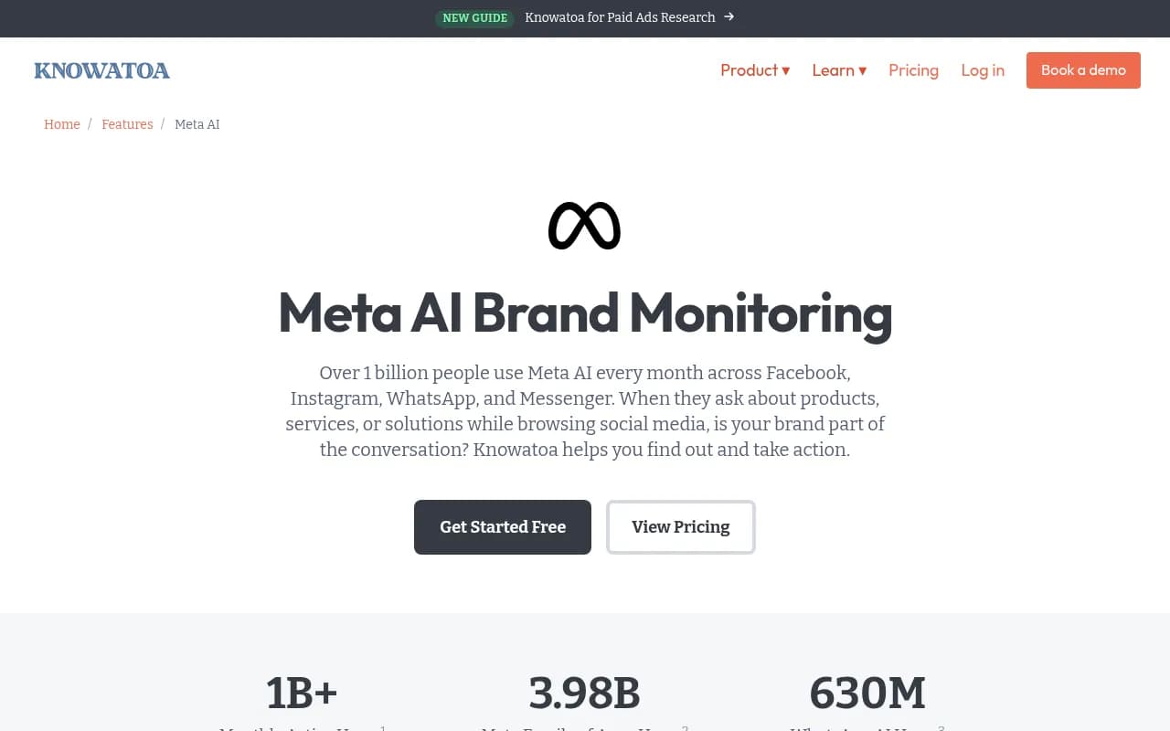 Knowatoa's Meta AI brand monitoring page, which describes tracking mentions, sentiment and competitor share of voice across Meta's apps