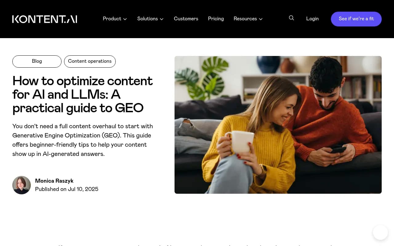 Kontent.ai practical GEO guide showing content types that perform well in AI-generated answers